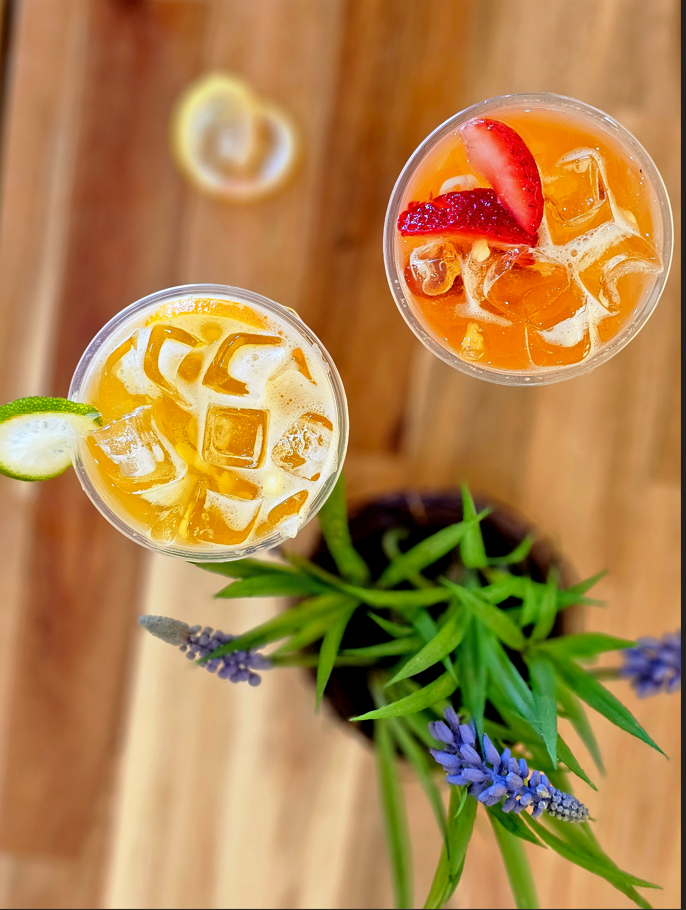 Colorful citrus and strawberry fruit teas at Zimo Bakery & Cafe