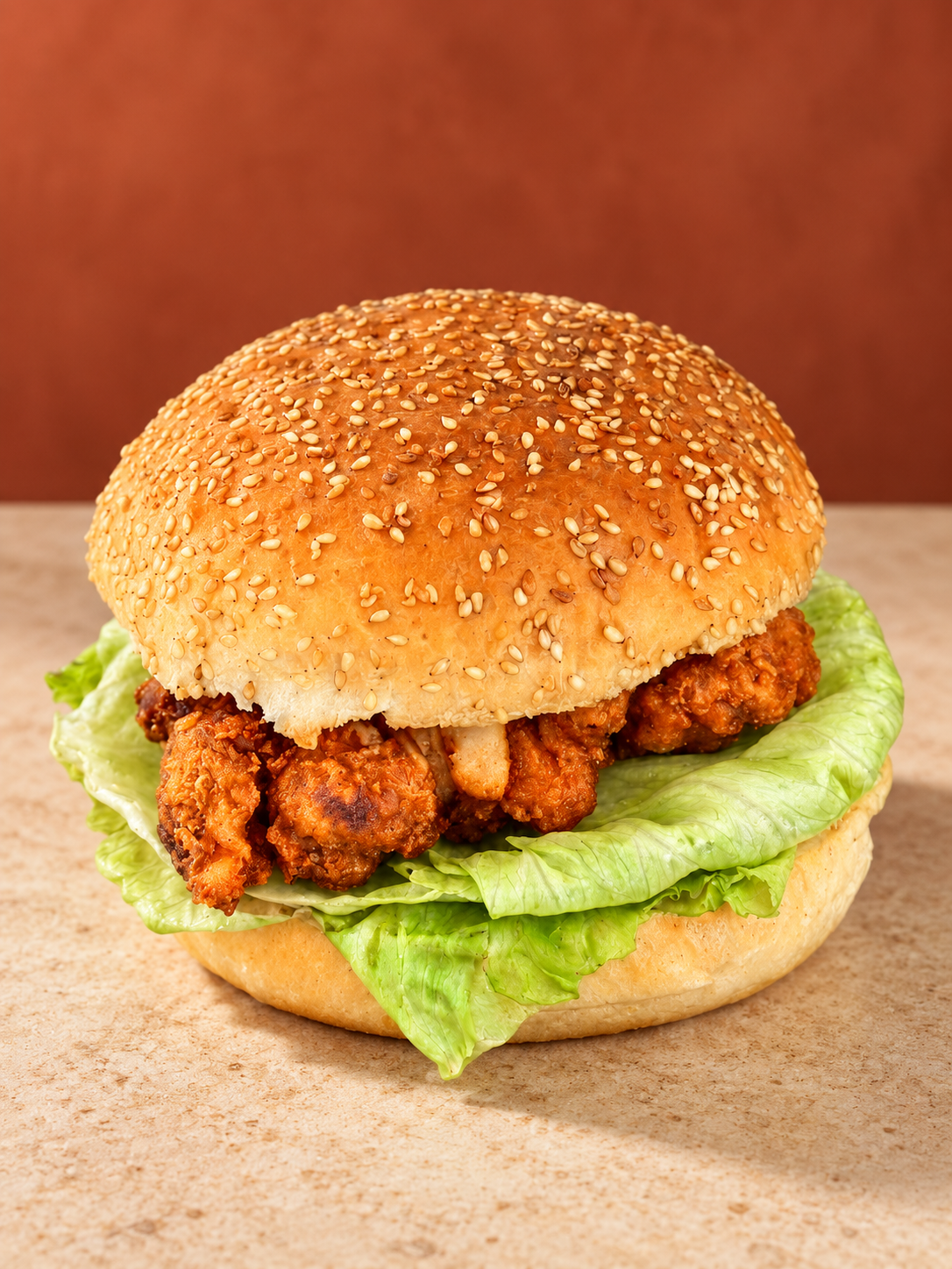 Zimo spicy crispy chicken sandwich with lettuce on a sesame bun