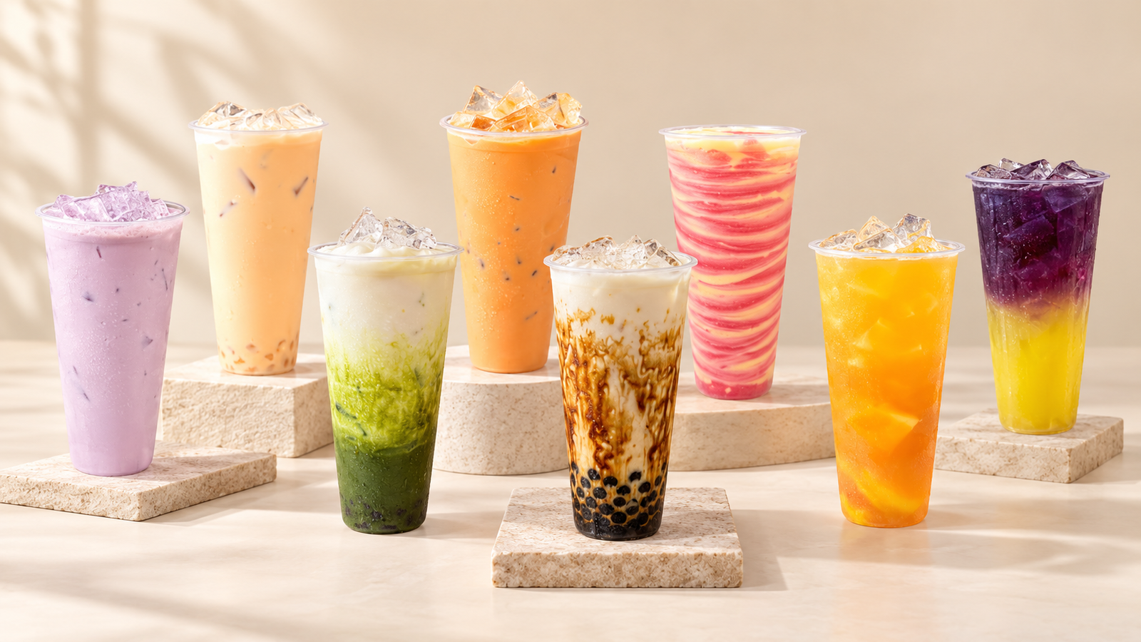 Zimo milk tea, fruit tea, smoothies, and layered boba drinks