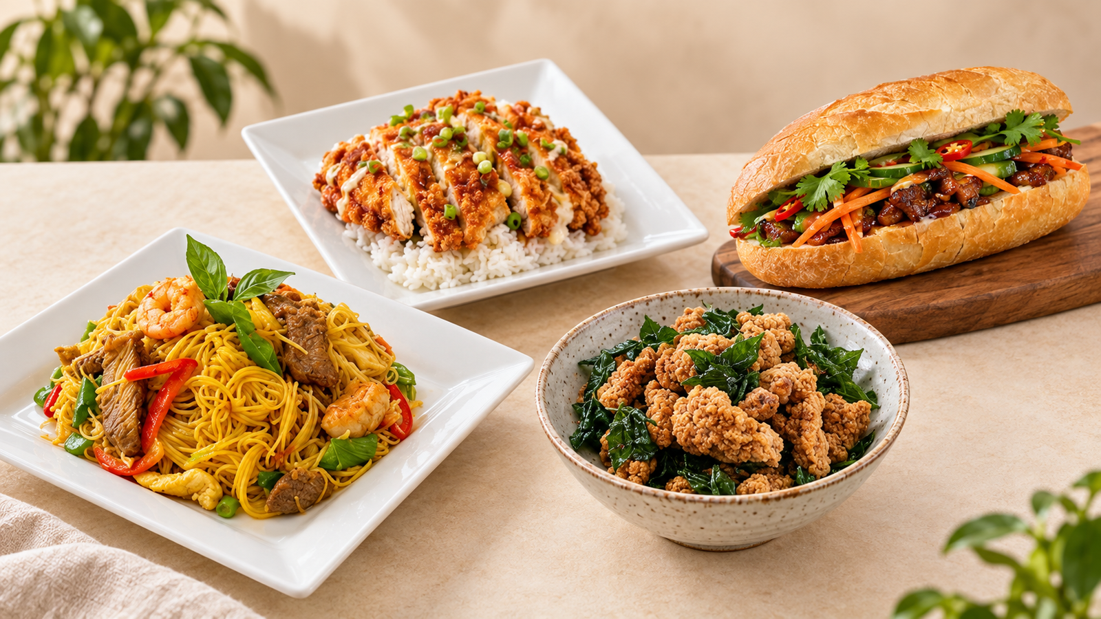 Noodles, chicken rice, bánh mì, and Taiwanese popcorn chicken from Zimo